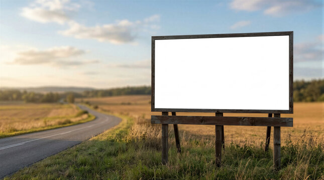 Roadside billboard in open rural landscape with curved road and green fields. Regional brands license countryside placements for highway advertising campaigns. Rural advertisement concept.