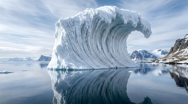 Giant frozen ocean wave cresting in arctic landscape isolated on transparent background, powerful icy water sculpture for nature and environmental design projects.