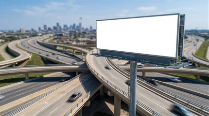 Fototapeta premium Large blank billboard on highway overpass above traffic with city skyline background. Automotive brands use high-traffic locations for maximum reach campaigns. Overpass advertisement concept.