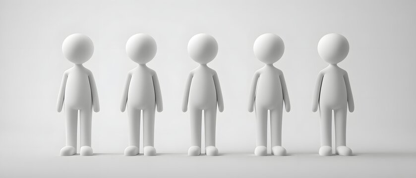 Five minimalistic white 3D human figures standing side by side, isolated on a clean background with soft lighting.