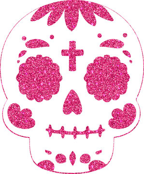 Black Day of the Dead sugar skull silhouette decorated with vibrant pink glitter accents in flat vector style, isolated