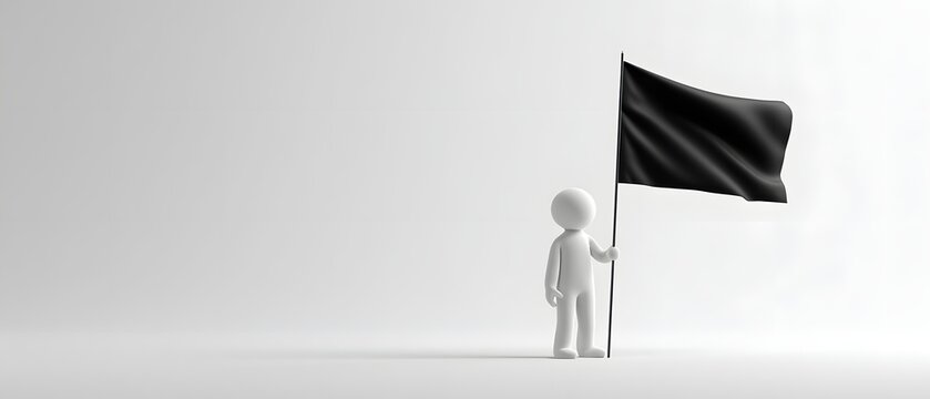 Minimalist white 3D human figure holding a black waving flag, isolated on a clean background with soft studio lighting.