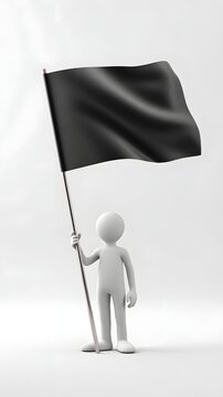 Minimalist white 3D human figure holding a black waving flag, isolated on a clean background with soft studio lighting.