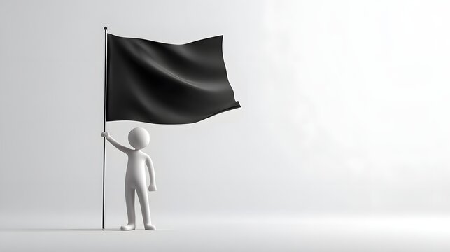 Minimalist white 3D human figure holding a black waving flag, isolated on a clean background with soft studio lighting.