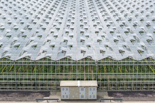 Aerial view of a large industrial greenhouse with a glass roof and metal framework housing rows of plants, featuring a utility box in the foreground, Poland.