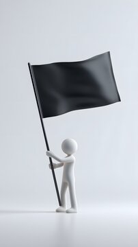 Minimalist white 3D human figure holding a black waving flag, isolated on a clean background with soft studio lighting.