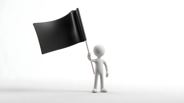 Minimalist white 3D human figure holding a black waving flag, isolated on a clean background with soft studio lighting.