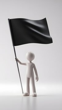 Minimalist white 3D human figure holding a black waving flag, isolated on a clean background with soft studio lighting.