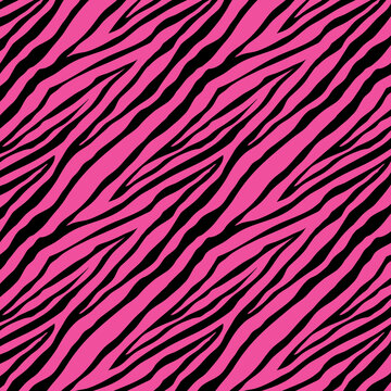 Bold pink zebra stripe seamless pattern with black flowing lines. Ideal for textiles, wallpaper, fashion, wrapping paper, packaging, branding, and modern decor.