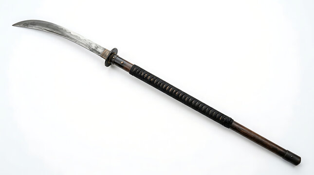 Traditional Japanese Naginata Polearm Weapon Isolated Against a Clean White Background