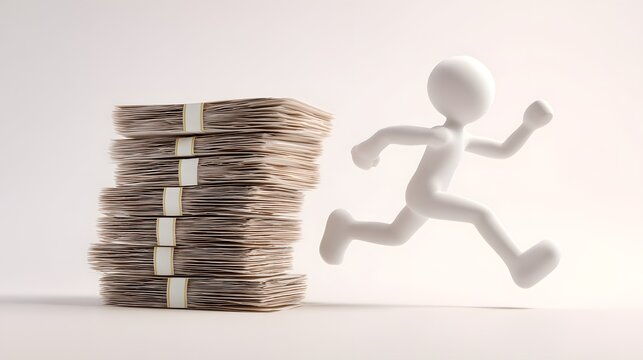 Minimalist white 3D stick figure running beside stacked cash bundles, symbolizing financial growth, ambition, success, opportunity, and prosperity.