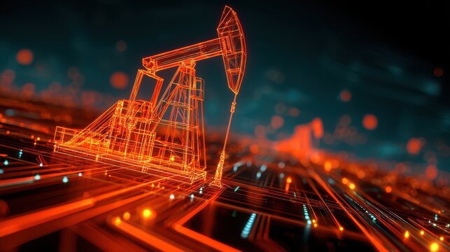 Oil pump jack wireframe illustration with glowing orange lines and digital background