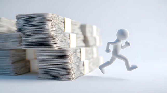 Minimalist white 3D stick figure running beside stacked cash bundles, symbolizing financial growth, ambition, success, opportunity, and prosperity.