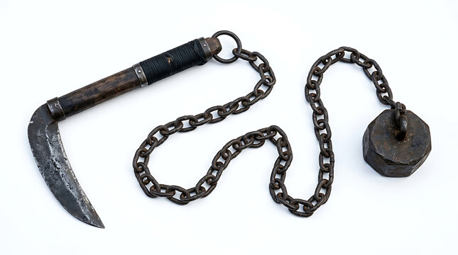Antique Japanese Kusarigama Chain Sickle Weapon Isolated on a Plain White Background