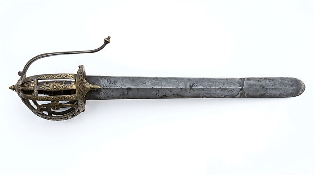 Antique Basket Hilt Broadsword With Metal Scabbard Isolated Against A Plain White Background