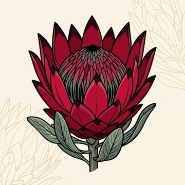 Red protea flower illustration with leaves
