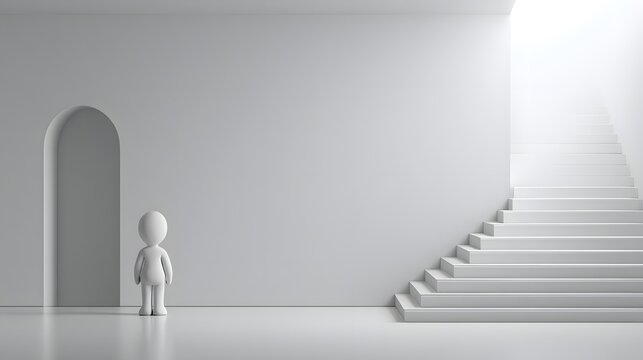 Minimalist white 3D stick figure facing a staircase, symbolizing ambition, opportunity, career growth, determination, and future success.