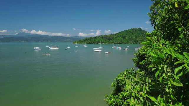 Aerial view of the sea coastline near the town of Paraty in Brazil