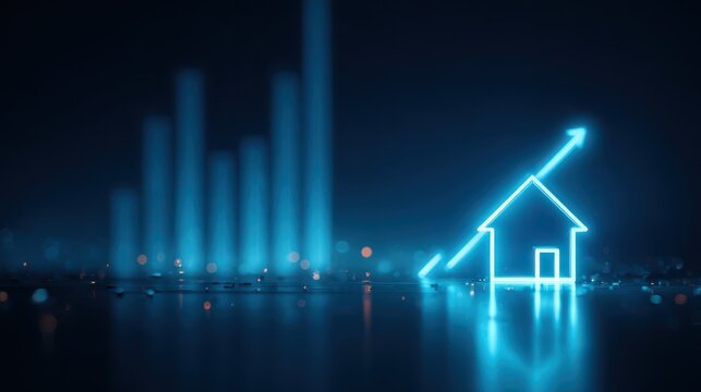 Neon House Silhouette With Growth Chart Dark Blue Background shape