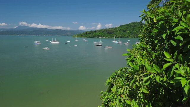 Aerial view of the sea coastline near the town of Paraty in Brazil