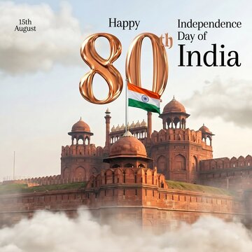 80th independence day of india red fort landmark banner with tricolor flag