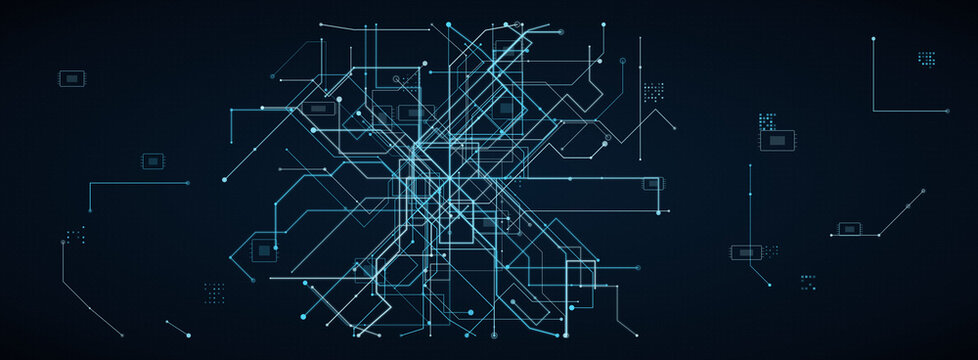 Futuristic digital circuit board interface, abstract blue technology data network, glowing electronic motherboard lines and cyber connection nodes
