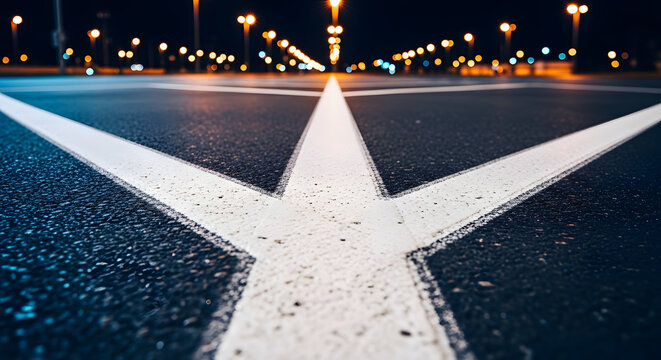 White arrow marking on asphalt road at night with street lights  