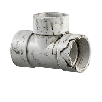 Damaged white pvc pipe tee fitting isolated on transparent background