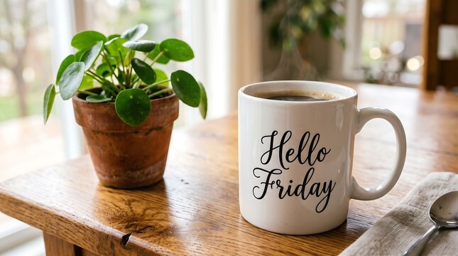 A white coffee mug with hello friday text beside a small potted green plant