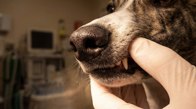 Veterinarian gently lifting a dog's lip to examine its teeth and gums during a routine dental examination, emphasizing preventive oral health and veterinary care
