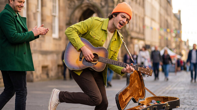 Man playing guitar and singing on busy street in Edinburgh  