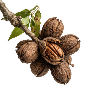 Pecan nuts on a branch with leaves isolated on transparent background
