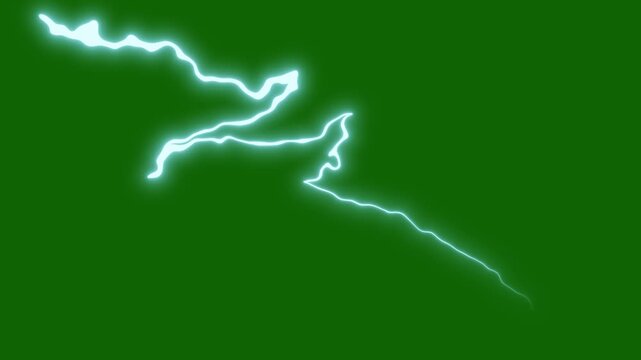 Powerful lightning strikes with energy flash FX animation, thunderstorm power overlay, blue lightning bolt strike, electric energy burst on green background, neon plasma sparks in 4K and UHD