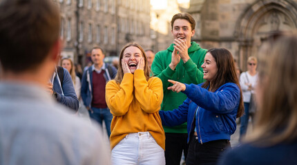 Obraz premium Crowd enjoying street performance while laughing in Edinburgh 