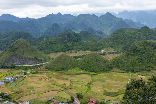 View of the Ha Giang Loop featuring lush green karst mountains, terraced rice fields, and small rural houses in Dong Van, Tuyen Quang, Vietnam.