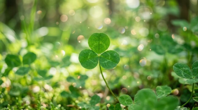 Fresh Four Leaf Clover Growing in Green Meadow Symbolizing Good Luck, Hope, Fortune, and Prosperity