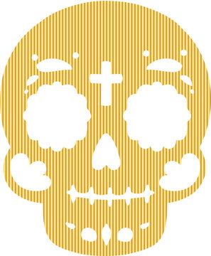 Minimal metallic gold striped Day of the Dead sugar skull with black decorative facial details in flat vector style, isolated