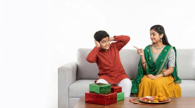 Heartwarming Raksha Bandhan festival scene featuring smiling Indian brother and sister enjoying cheerful sibling bonding at home with colorful gifts, festive sweets and traditional celebration element