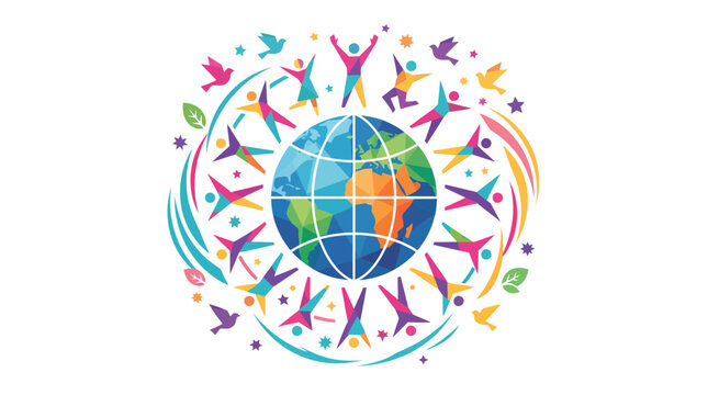 Colorful vector illustration featuring diverse people figures circling a stylized globe to represent global unity community connection peace sustainability and international diversity 