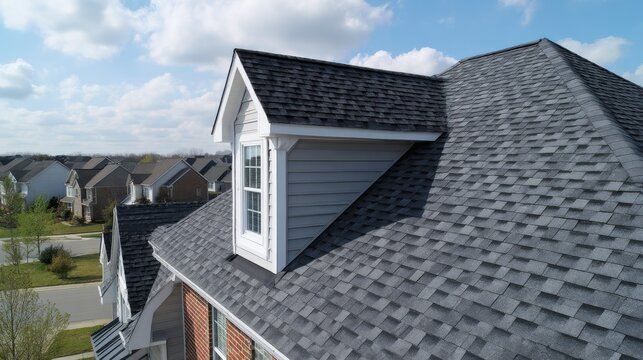 Charcoal colored asphalt shingle roof with dormer window aerial view with cloudy sky