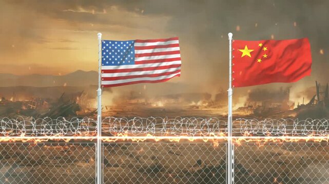 American and chinese flags waving side by side against a war torn battlefield with burning ruins scene.