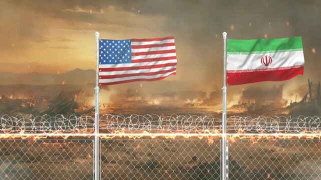 American and Iranian flags waving on border fence with war torn city landscape in background motion.