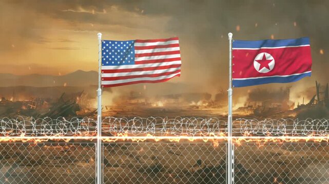 American and North Korean flags waving against backdrop of war zone with burning debris and smoke clouds.