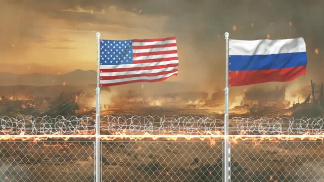 American and Russian flags waving in front of a war torn landscape with burning fires and barbed wire.