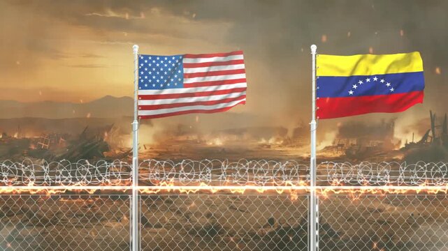 American and venezuelan national flags waving together behind barbed wire fence in war torn landscape.