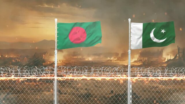 Bangladesh and pakistan flags waving against a war torn battlefield background with barbed wire fence.
