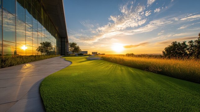 Modern Building Exterior With Lawn And Sunset Sky Wide Angle Photograph