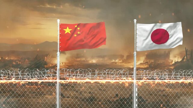 Chinese and Japanese flags waving over burning battlefield behind barbed wire fence cinematic footage.