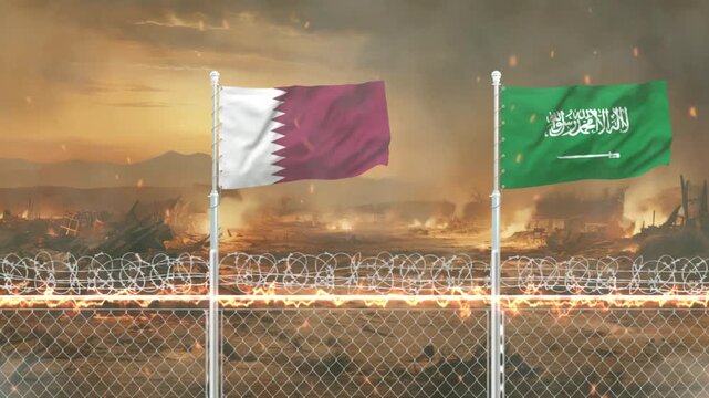 Diplomatic tension concept with qatar and saudi arabia national flags flying over war torn battlefield.