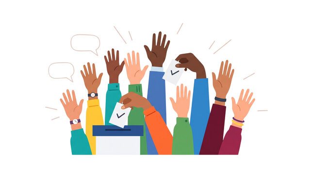 Diverse hands voting in election, people putting paper ballots into ballot box, democratic participation and civil rights concept